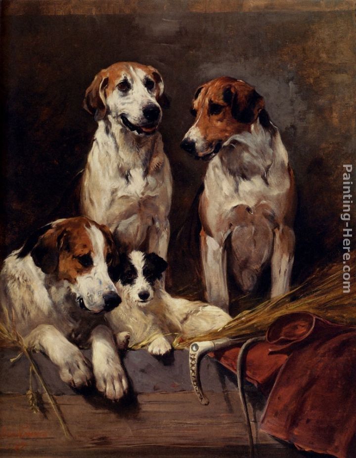 John Emms Three Hounds With A Terrier
